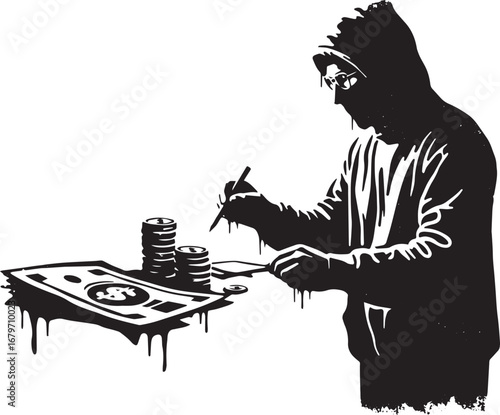 Monochrome image featuring a hooded figure manipulating money wi