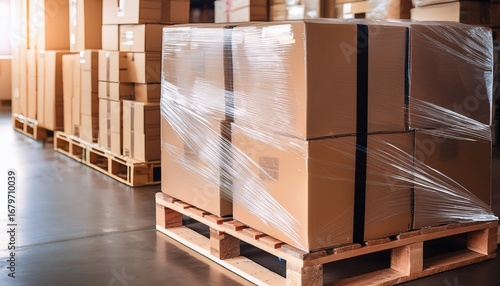 focused image of cardboard boxes bundled on wooden pallet transparent stretch film tightly securing goods warehouse aisles and packed inventory fading softly in the background