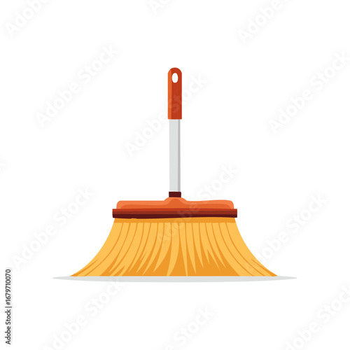 Bright yellow broom with orange handle and bristles for cleaning