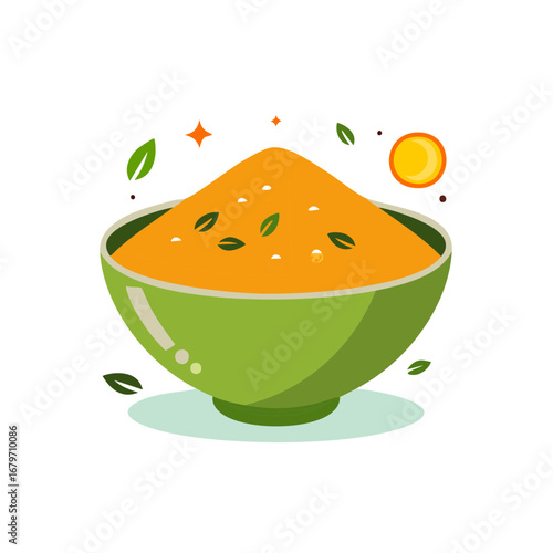 Bowl of orange soup or dip garnish with leaves and sun shaped garnish healthy nutrition