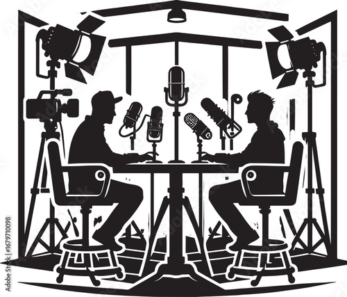 Illustration of a podcast recording setup with two people, microphones, and studio equipment