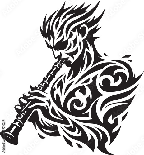 Intricate Black and White Vector Illustration of a Musician Playing a Clarinet