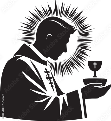 Illustration of a Priest Holding a Chalice with a Radiant Halo in Black and White