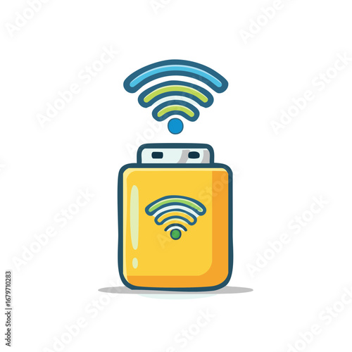 Yellow Wireless Signal Device Sending Wi-Fi Waves Blue Green