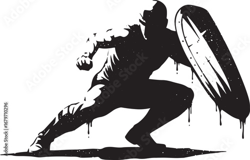 Dynamic monochrome silhouette of a crouching warrior with shield