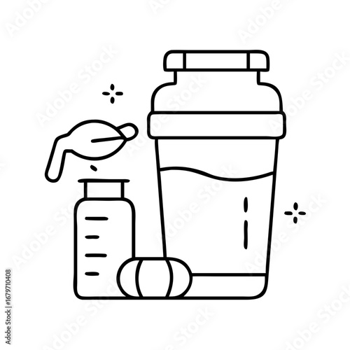 Vector art of line art illustration of protein shaker with supplements, perfect for fitness and health content