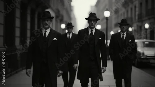 Group of professional men in suits and hats strolling down the street, possibly on their way to a meeting or networking event