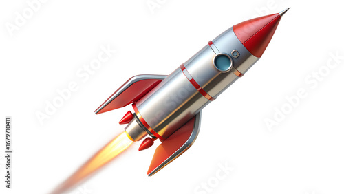 A vintage rocket ship soaring upwards, isolated on transparent background, representing technological advancement, space exploration, and the spirit of innovation