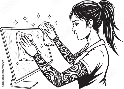 Woman meticulously cleaning her computer screen with a soft clot