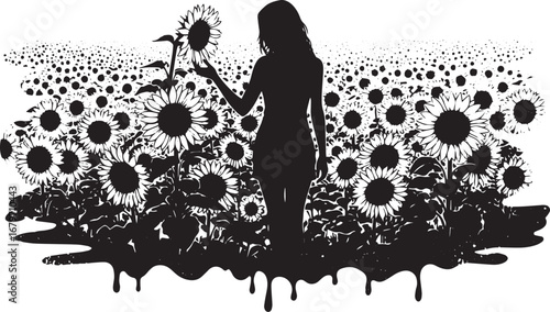 Silhouette of a woman amidst a field of sunflowers, rendered in