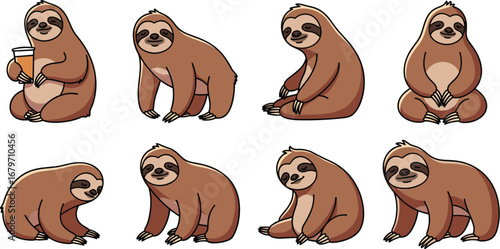 Sloths sit and relax in different poses. Cute, cartoon, mammal, animal, wild, nature, lazy, chill, calm, slow, funny, happy