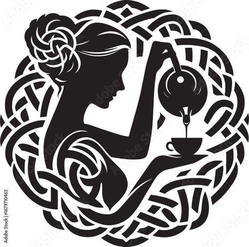 Elegant Silhouette of a Woman Pouring Tea in a Celtic Knot Design, Black and White Art