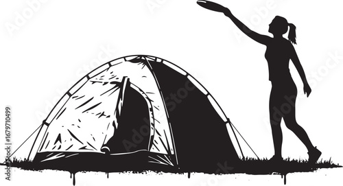 Silhouette of a Woman Playing Frisbee Near a Camping Tent in a M