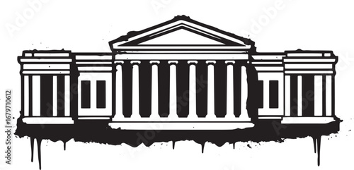 Black and white graphic illustration of iconic building fa