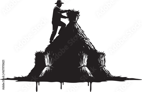Monochromatic illustration of a farmer atop a hay stack silhouet
