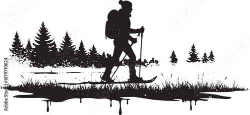 Winter trek vector silhouette: Woman snowshoeing in monochrome w