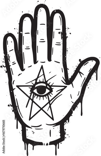 Mystical Hand Glyph with Eye in Pentagram, Esoteric Symbolism De