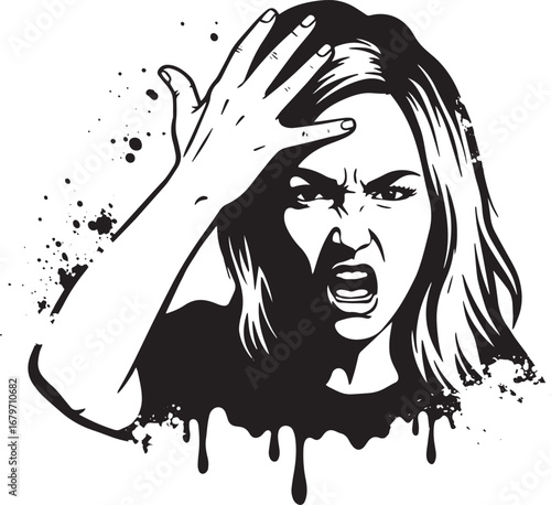 Expressive monochrome portrait of an angry woman with hand gestu