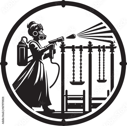 Illustration of a woman disinfecting a playground with a chemical spray, safety first