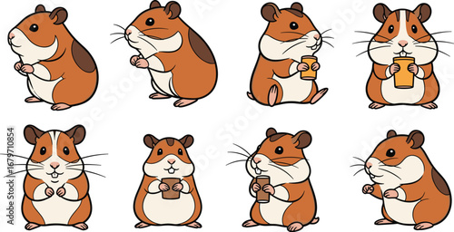 Cute hamsters hold drinks and pose. Cartoon animals, pet rodents, drinking, illustration, character design, adorable, brown and white, furry, cuddly