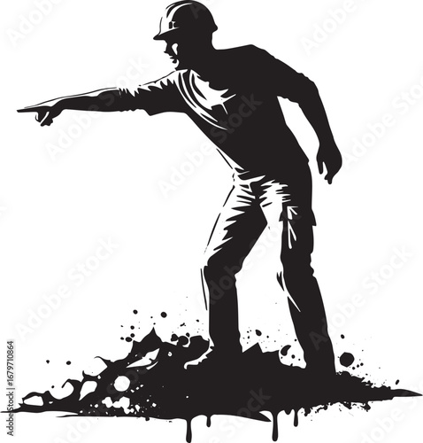 Construction foreman silhouette pointing forward with splatter e
