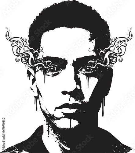 Monochrome portrait of a man with stylized eyes, abstract vision