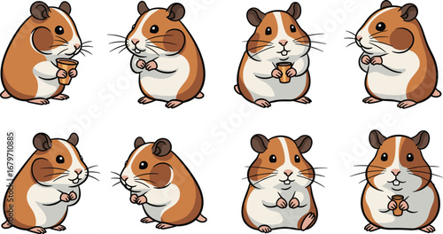 Cute cartoon hamsters pose in various positions. Adorable rodents, pet characters, animal illustration, design element, vector art, charming, fun.