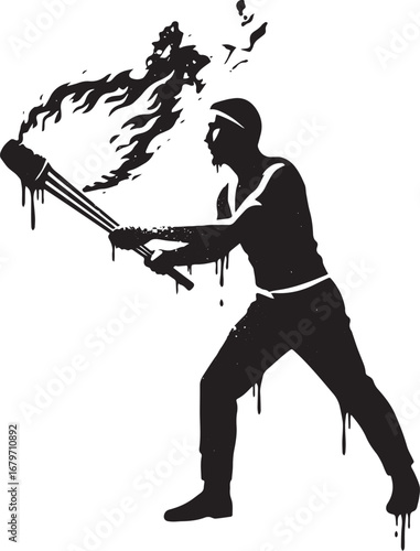 Dynamic silhouette of a person holding a blazing torch, igniting