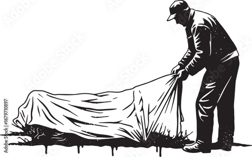 Monochrome illustration of a man revealing something covered wit