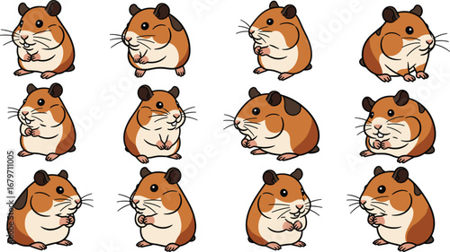 Cartoon hamsters stand and sit. Cute rodents with whiskers, illustration, adorable, pet, graphic, animal, design.