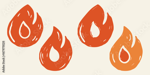 Four stylized hand drawn flame icons in warm orange and red tones on a cream background