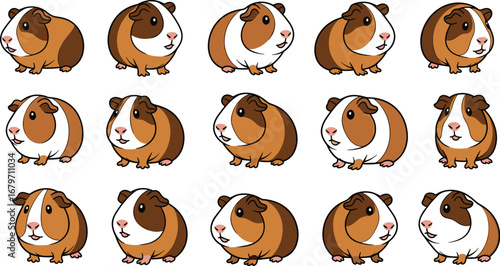 Cartoon guinea pigs arranged on a white background. Cute pets, animal illustration, whimsical drawing, pet mammals, rodent, kawaii, cuddly