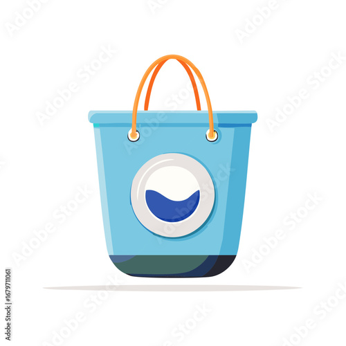 Simple Cartoon Style Blue Laundry Bag with Orange Handles and Water Pattern Icon Isolated on a Clean White Background