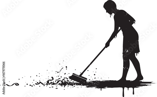 Silhouette of a woman sweeping with a broom, artistic monochrome