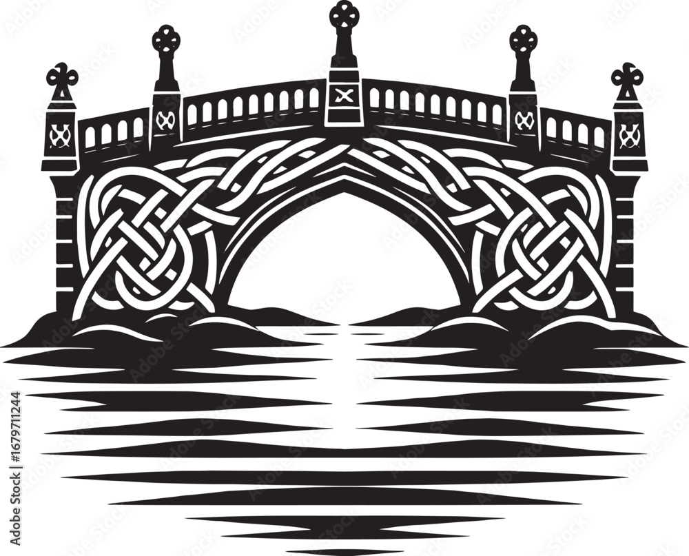 Fototapeta premium Detailed black and white illustration of a Celtic knot bridge over reflective water