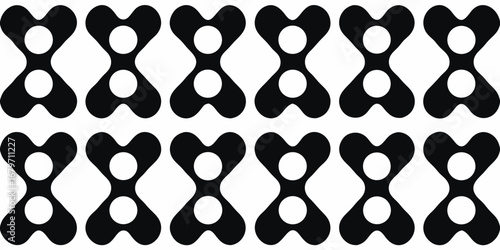 Abstract black and white geometric pattern with repeating bone shapes and circles
