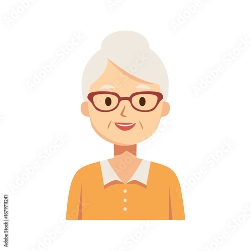 Friendly smiling older woman wearing glasses and an orange shirt with a bun hairstyle