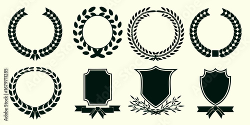 Collection of laurel wreaths and shields with ribbons for awards and recognition