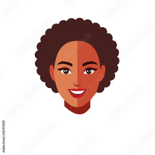 Vibrant vector illustration of a cheerful Black woman with a broad smile and an afro hairstyle