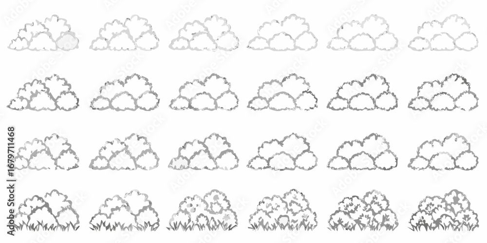 Fototapeta premium Collection of stylized grey and white fluffy clouds and bushes isolated on white background