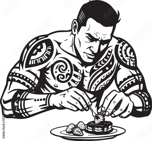 Tattooed man carefully placing strawberry on chocolate dessert a
