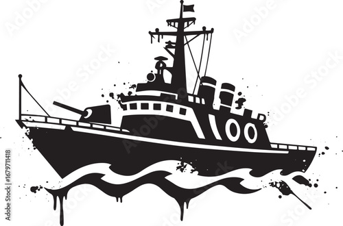 Stylized monochrome battle ship illustration with abstract nauti