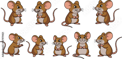 Cartoon mice stand on hind legs. Adorable rodents with pink ears and whiskers. Cute animal vector collection.