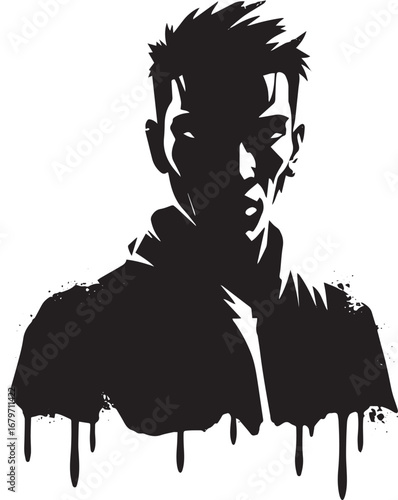 Monochromatic silhouette of a man's bust with dark, edgy, and ur