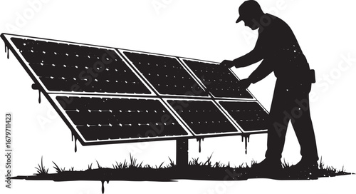 Monochrome illustration of solar panel installation by technicia