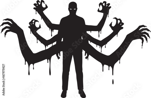 Silhouette of a mysterious figure with multiple arms symbolizing