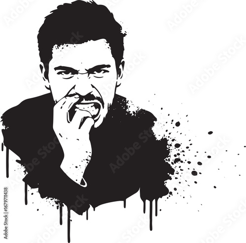 Distressed man biting fingernails in black and white vector illu