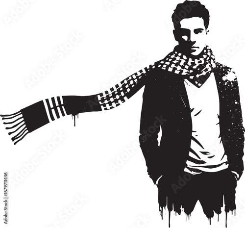Monochrome stylish man in scarf in artistic representation with