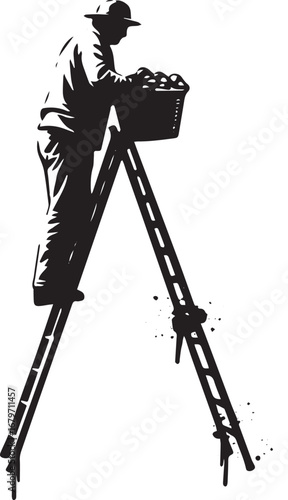 Monochrome Silhouette of a man on a ladder harvesting fruit, sta