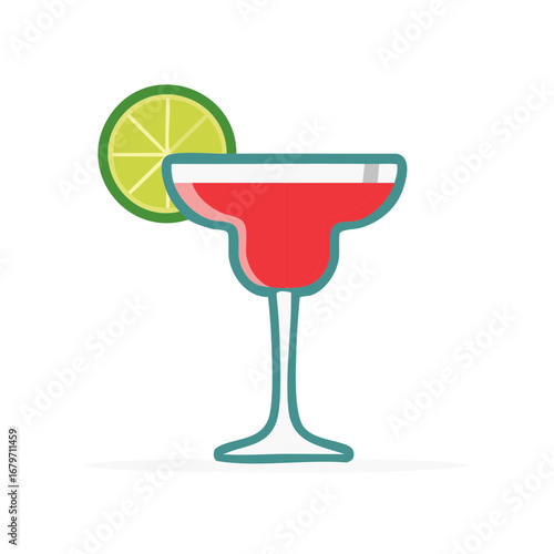 Flat design illustration of a refreshing red cocktail with a vibrant lime in a margarita glass